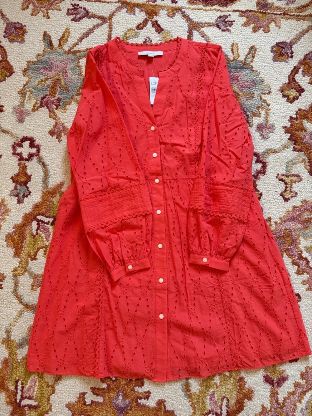 4/$25 SALE LOFT Coral Eyelet Button-Front Dress with Scalloped Neckline - Picture 3 of 8